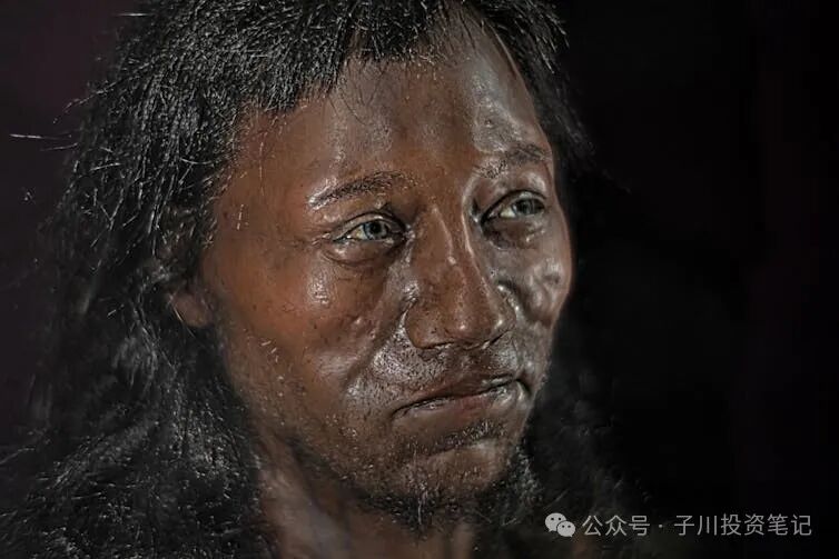 Reconstructed head of the Cheddar Man based on the shape of his skull and DNA analysis, shown at the Natural History Museum in London.